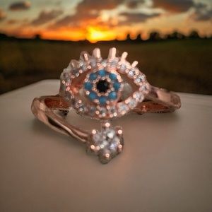 Rose gold, evil eye ring with rhinestones